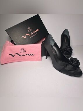 VTG Nina LS Black Dark Coquette Evening Stiletto Heels 8.5 M-Old Hollywood Class